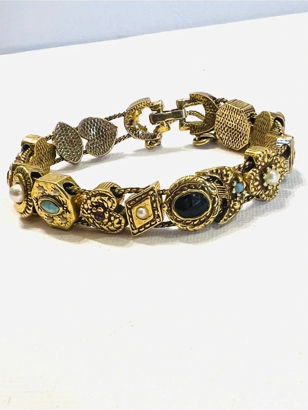 Vintage Signed Goldette NY Multiple Gemstones Safety Chain Slide Charm Bracelet